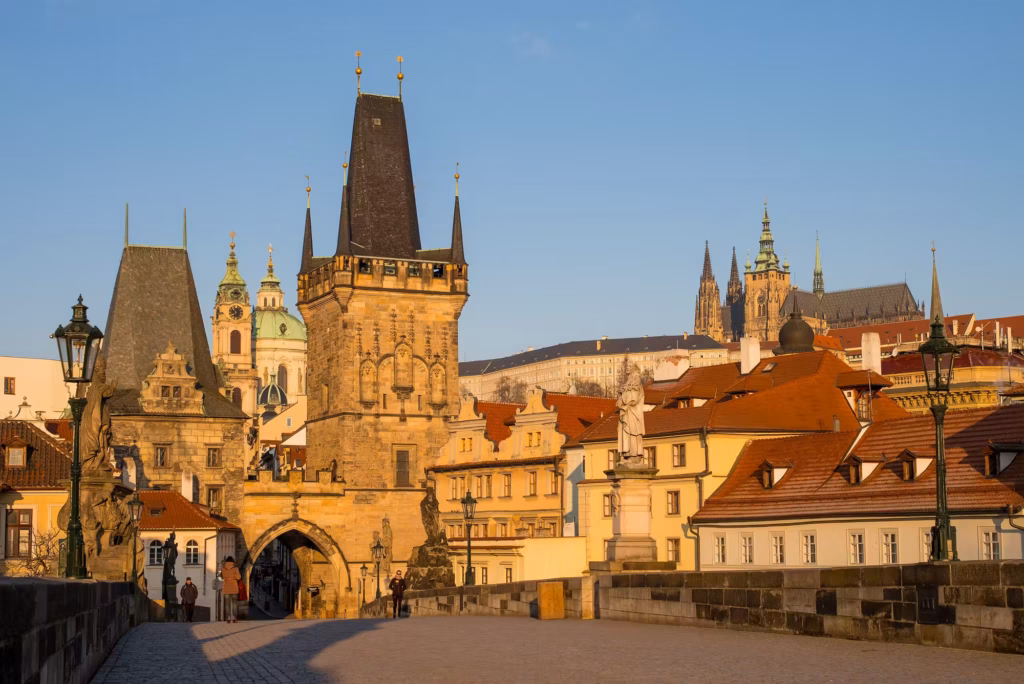 Morning on Charles Bridge with the Lesser Town bridge towers
