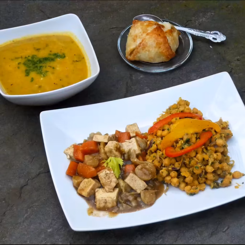 Vegetarian lunch with legumes and soup during a dark retreat