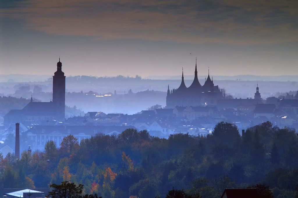 Skyline of Kutná Hora in morning mist, Czech Republic